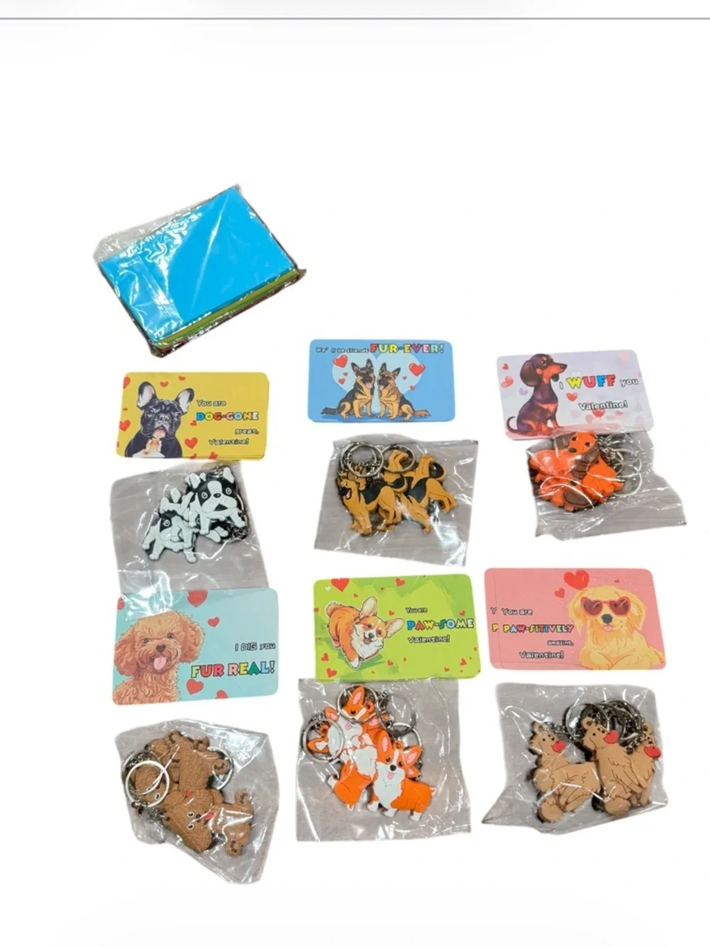 Dog-Themed valentines Keychain Lot with Colorful Cards 24Pc